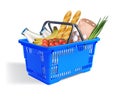 Blue food basket. Baguettes, milk, eggs, bananas, cherry tomatoes, green onions in a basket